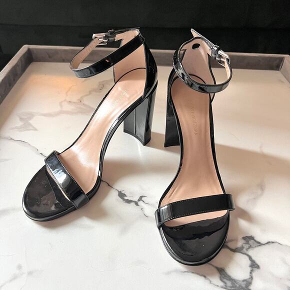 Stuart Weitzman Walkway Black Patent Leather Block Heels Sandals Size 7.5 - Picture 3 of 12